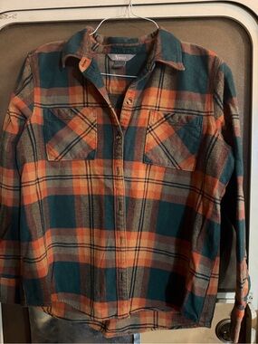 Natural Reflections Women’s Button-Up Flannel Shirt in Teal & Orange